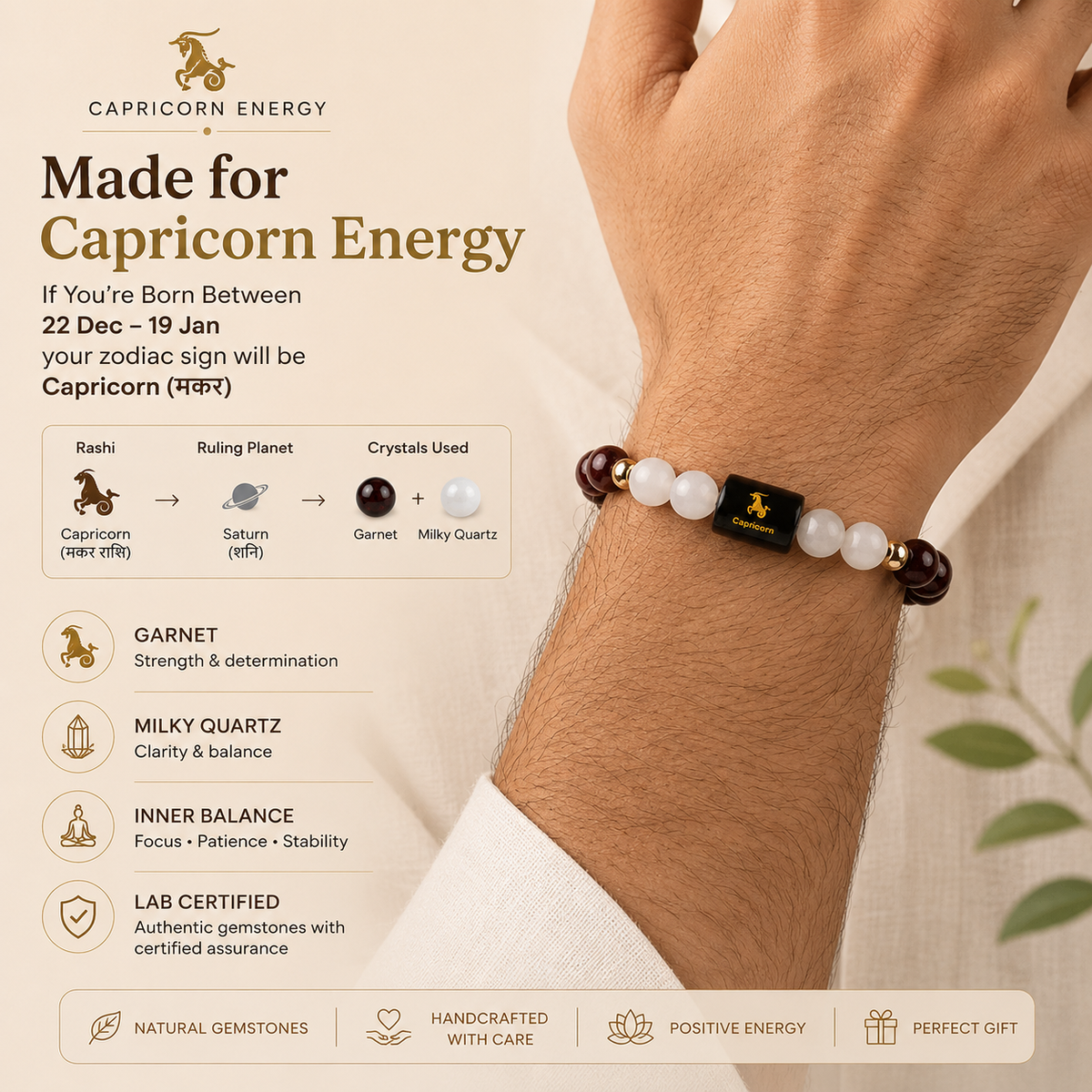 Capricorn (मकर राशि) Zodiac Garnet & Milky Quartz Bracelet