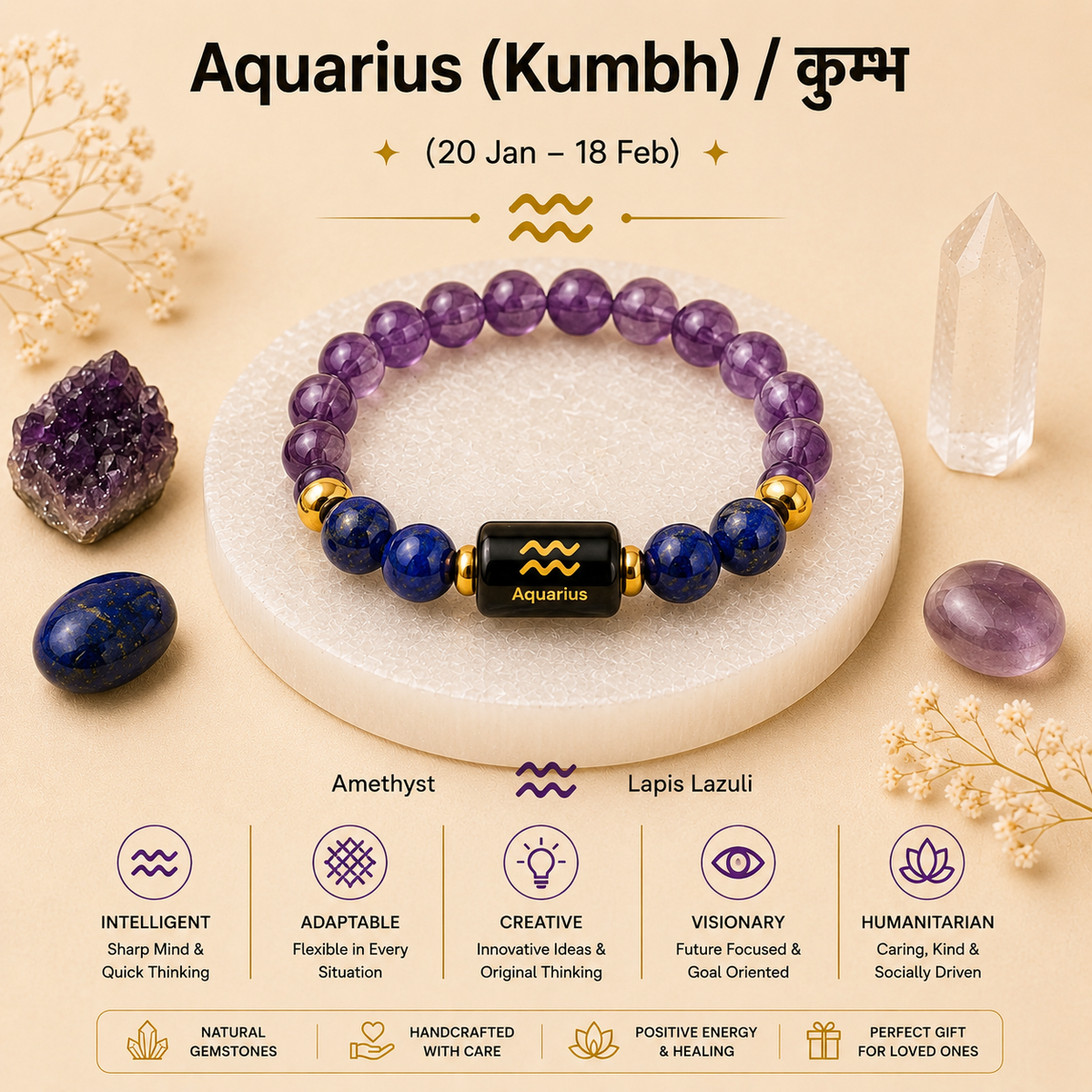 Aquarius (कुंभ राशि) Zodiac Amethyst & Lapis Lazuli Bracelet