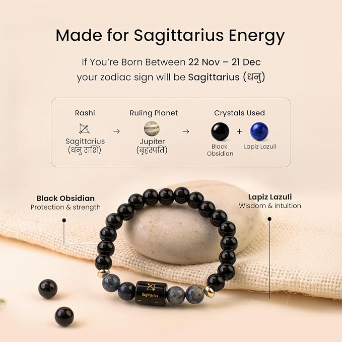 Sagittarius (धनु राशि) Zodiac Black Obsidian & Lapis Lazuli Bracelet