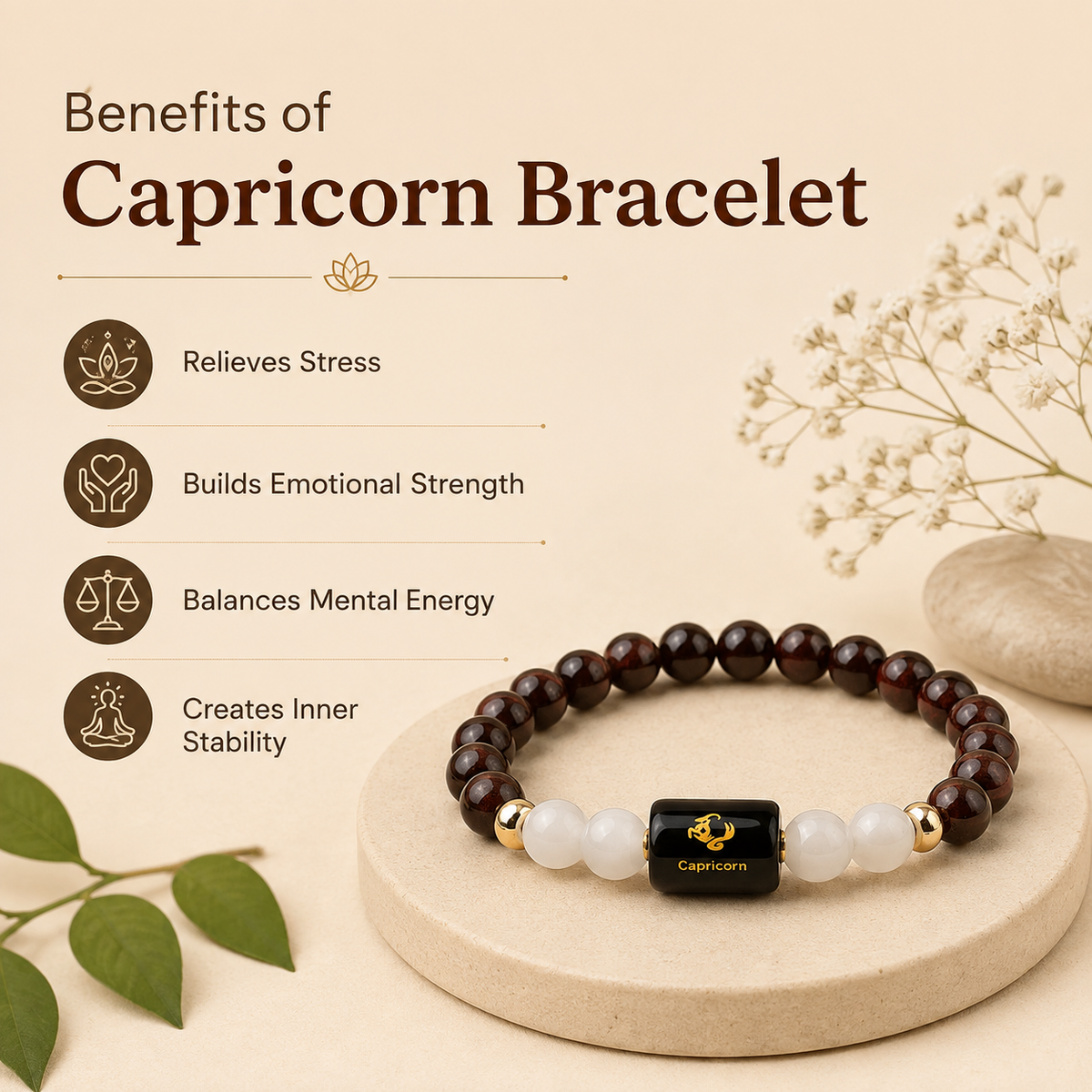 Capricorn (मकर राशि) Zodiac Garnet & Milky Quartz Bracelet