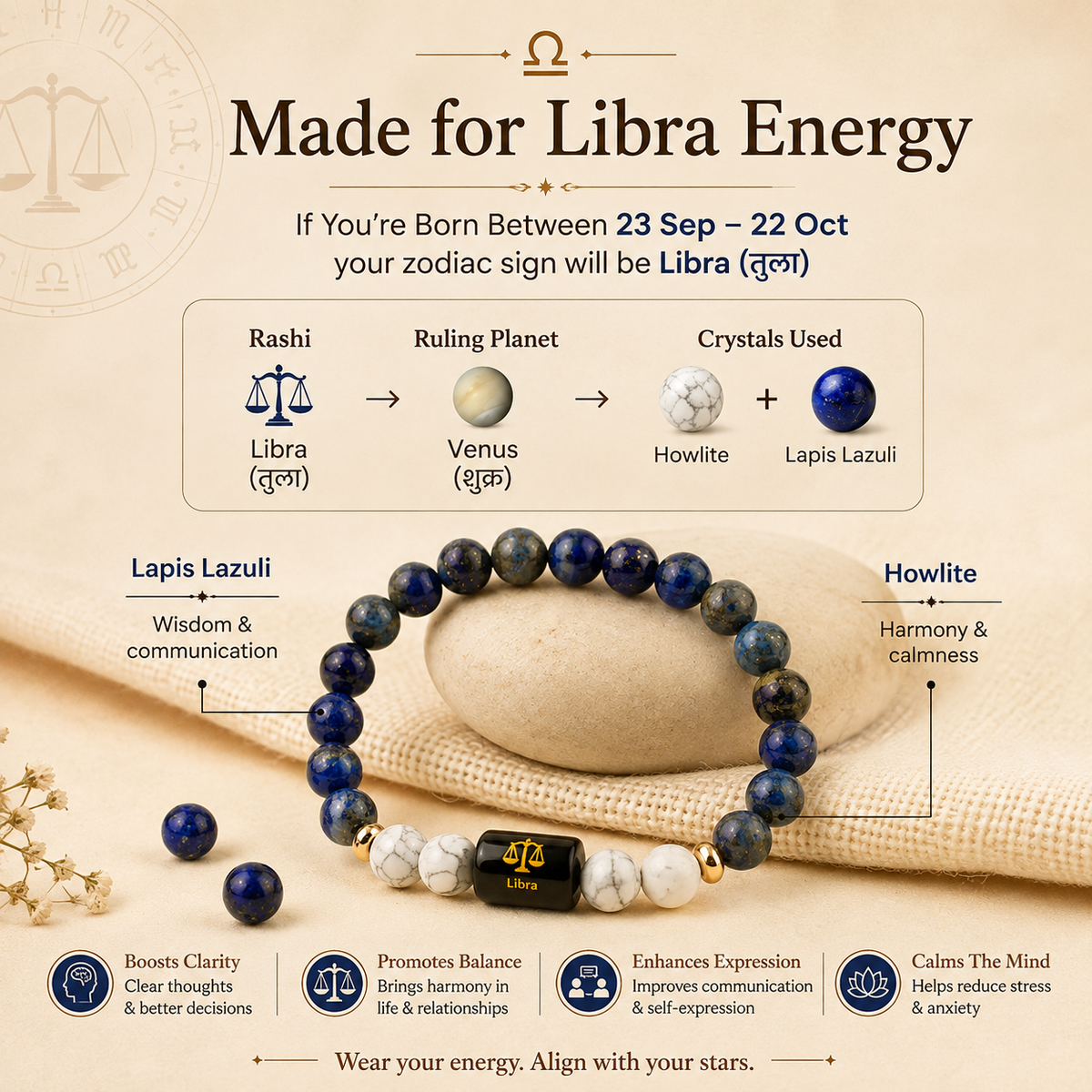 Libra (तुला राशि) Zodiac Lapis Lazuli & Howlite Bracelet