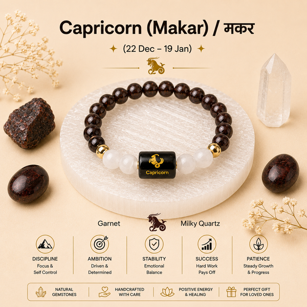 Capricorn (मकर राशि) Zodiac Garnet & Milky Quartz Bracelet