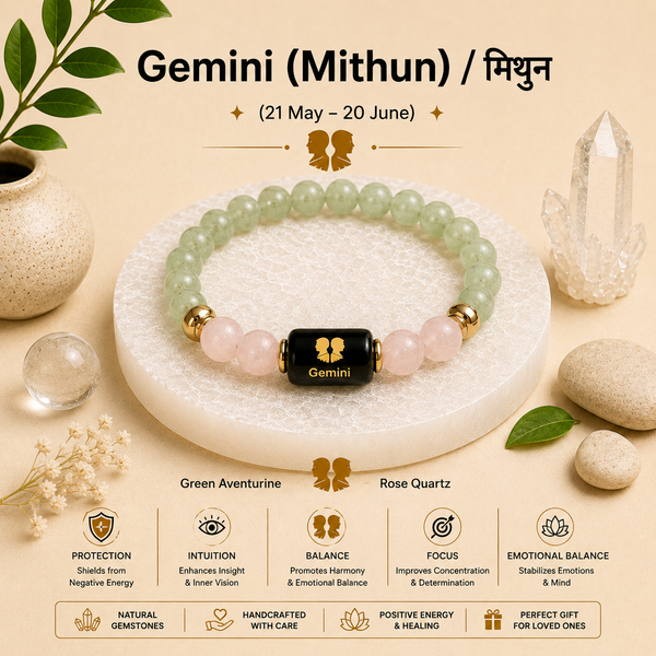 Gemini (मिथुन राशि) Zodiac Green Aventurine & Milky Quartz Bracelet